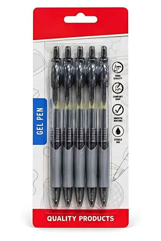 Retractable Black Gel Pens, 5 Pack